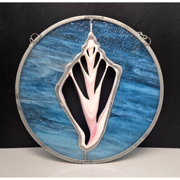 Vintage Stained Glass With Conch Shell Cutout 3D Hanging Hand Crafted Art 11.5" - Picture 3 of 15
